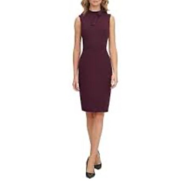 Calvin Klein Dress 10 Purple Plum Bow Neck Scuba Stretch Sheath Sleeveless - Picture 3 of 8